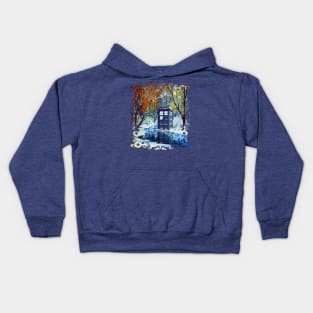 Snowy Blue Phone booth at winter zone Kids Hoodie